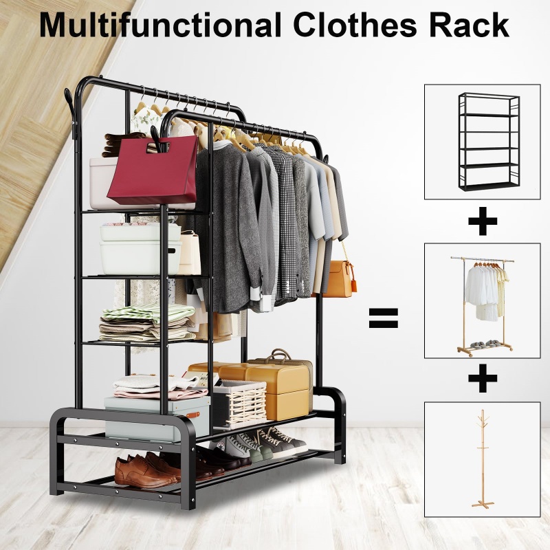 Clothes Rack with Shelves, Double Rods Clothing Rack for Bedroom, Black version 1.0.0